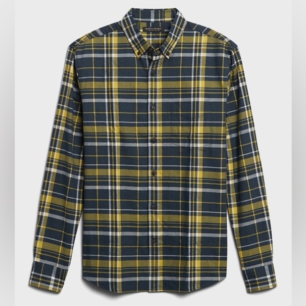Banana Republic Plaid Flannel Shirt, blue & yellow/gold, untucked fit, large